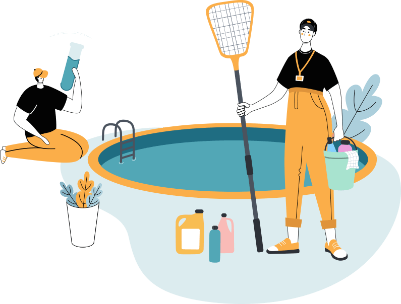Drawn figures cleaning a pool